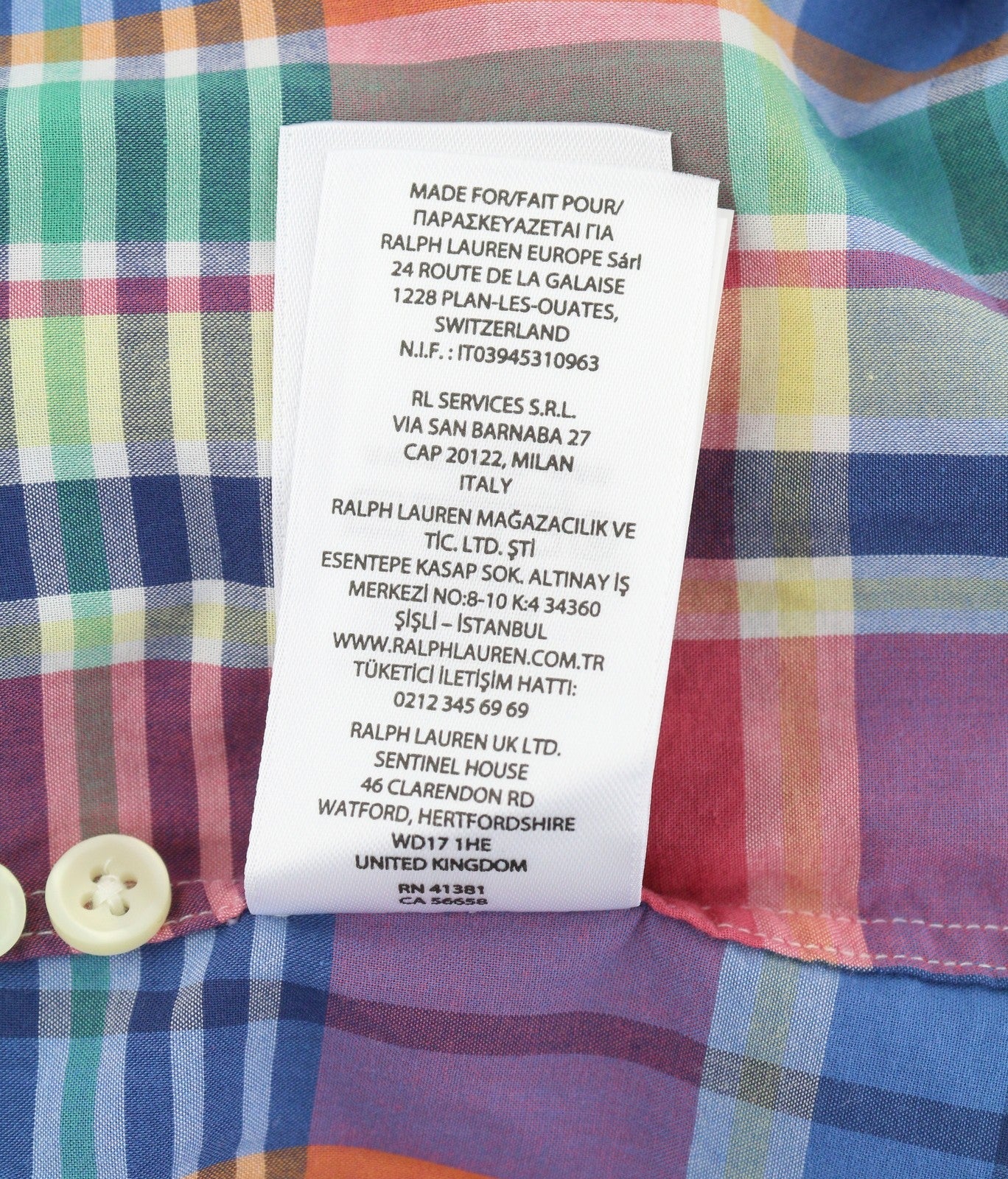 RALPH LAUREN Men Shirt M Colourful Check Button-Down Neck Slim Fit Logo Casual