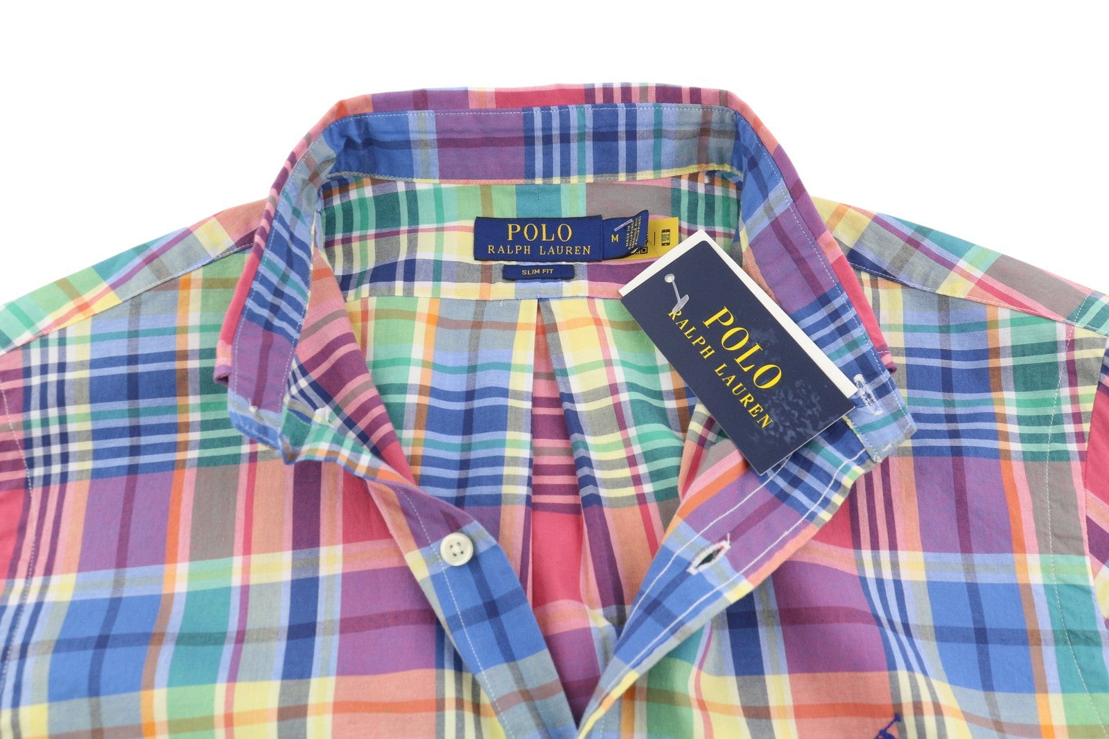 RALPH LAUREN Men Shirt M Colourful Check Button-Down Neck Slim Fit Logo Casual