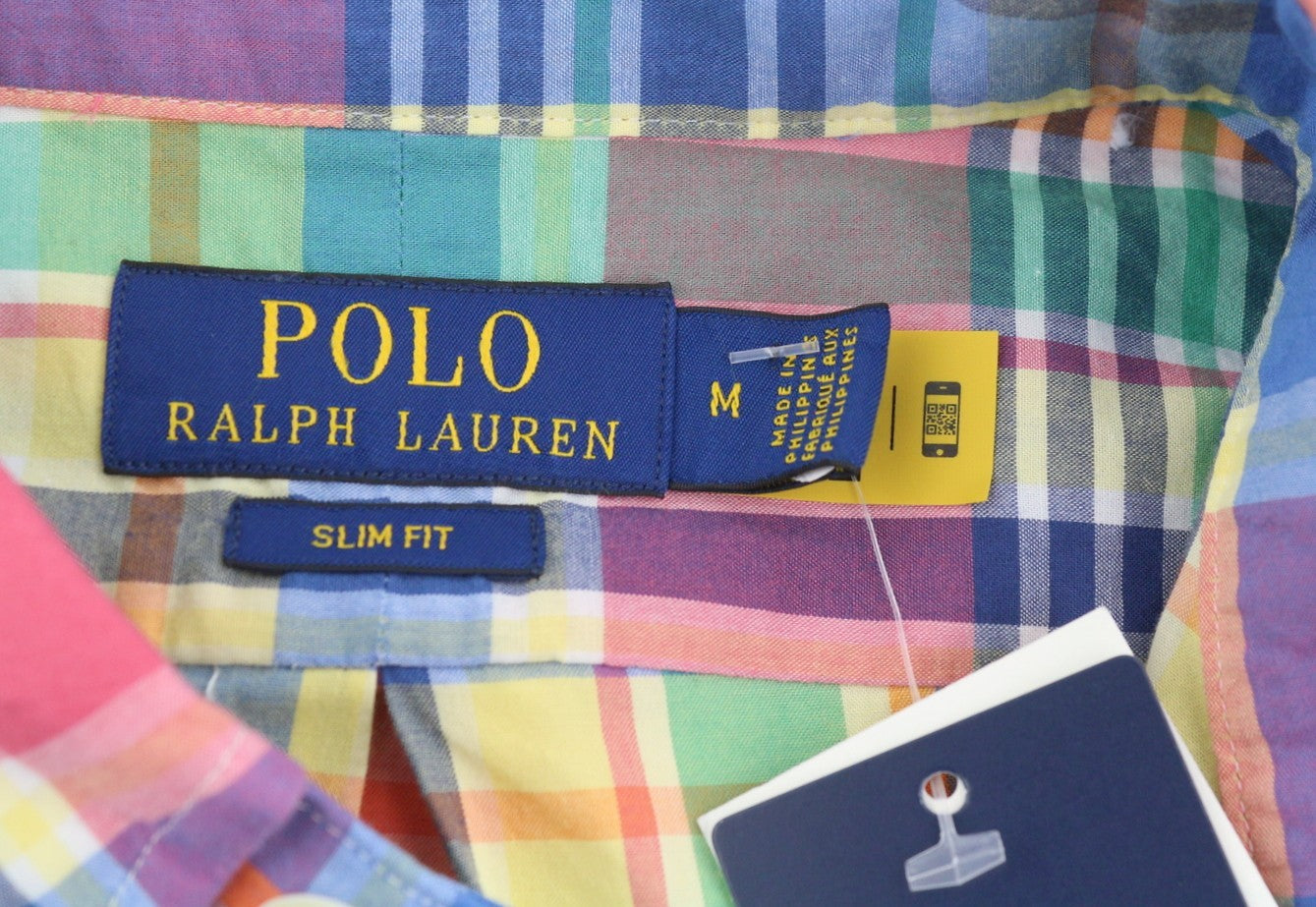 RALPH LAUREN Men Shirt M Colourful Check Button-Down Neck Slim Fit Logo Casual