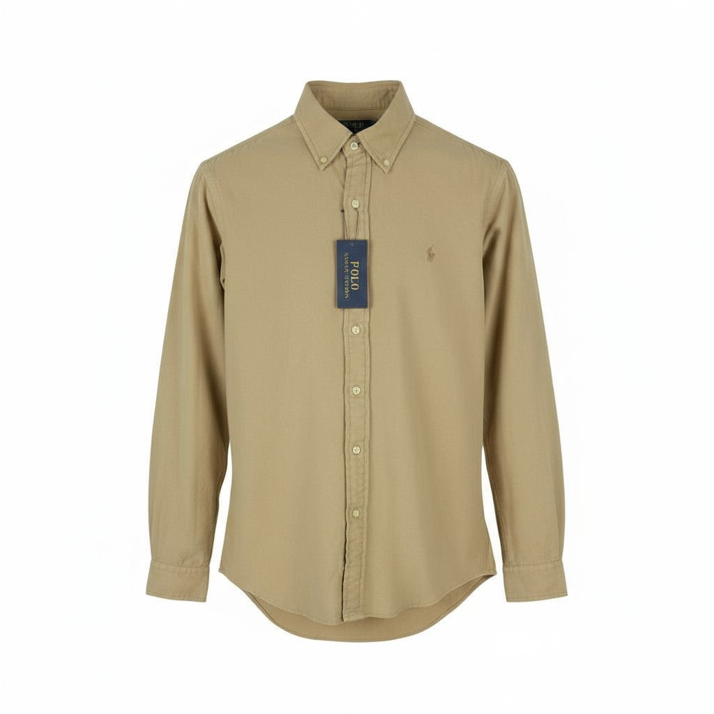 RALPH LAUREN Surrey Tan Men Shirt M Brown Button-Down Neck Custom Fit RRP149