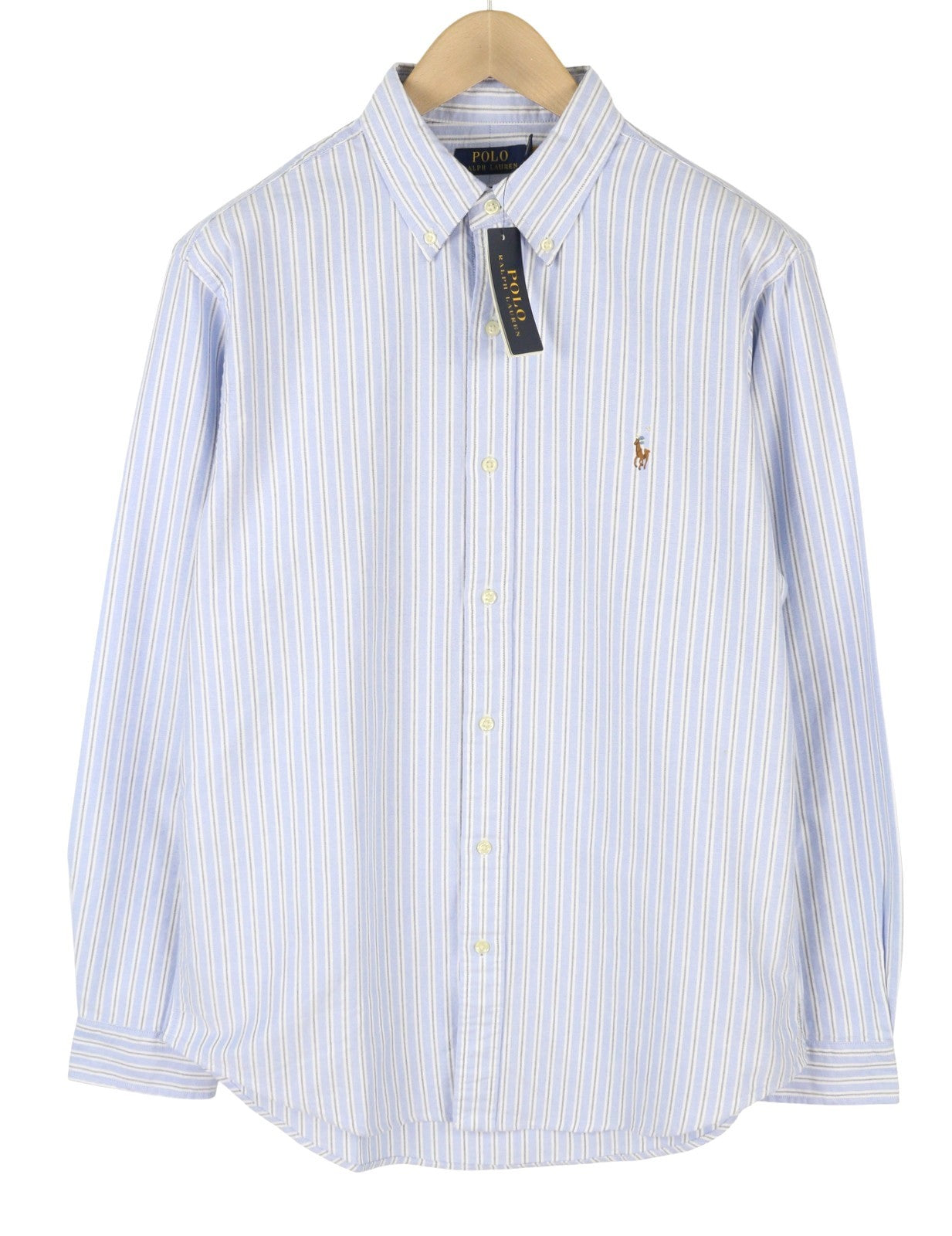RALPH LAUREN Men Shirt L Blue Striped Custom Fit Button-Down Neck Logo RRP149
