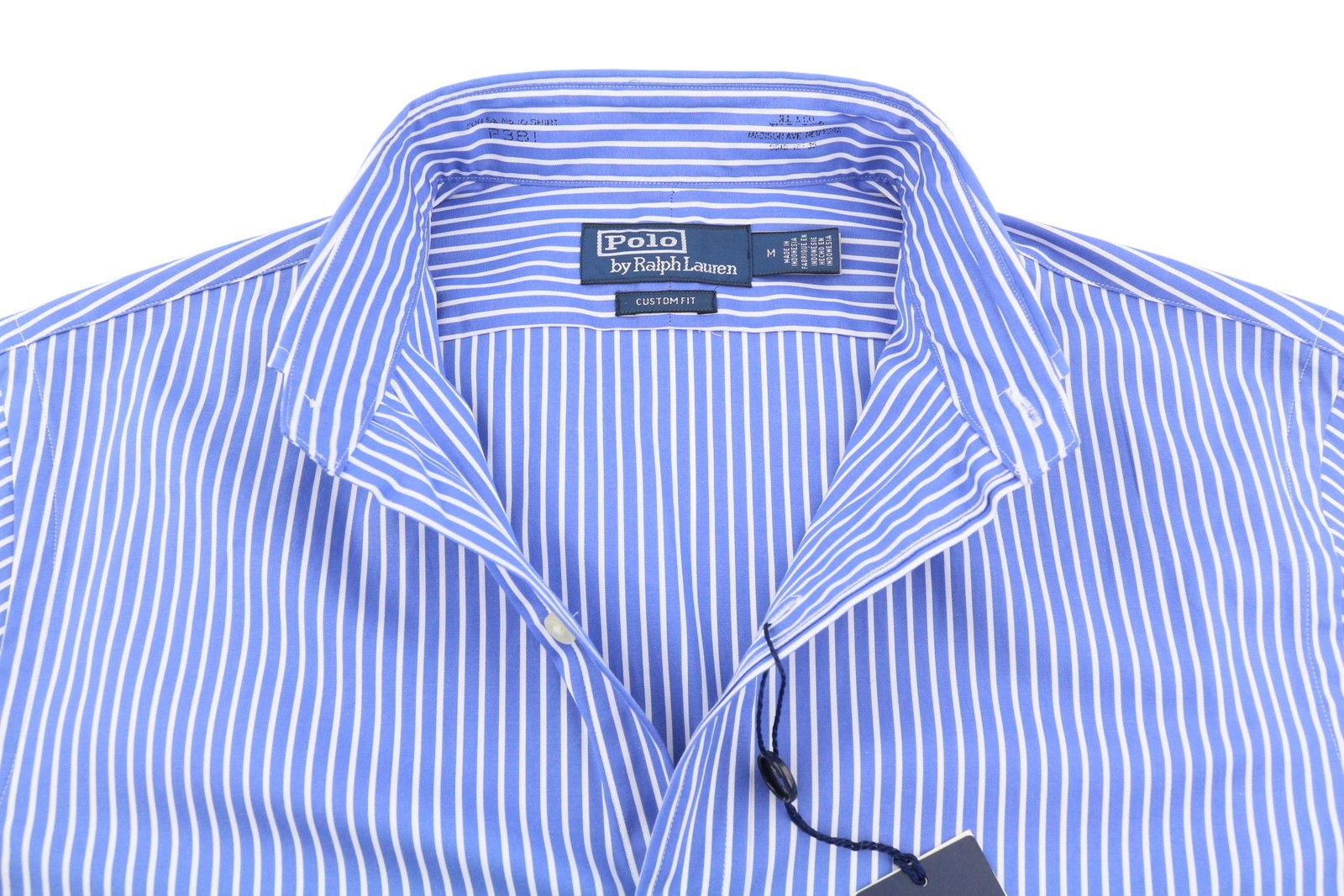 RALPH LAUREN Men Shirt M Blue Striped Cutaway Neck Custom Fit Button-Up RRP212