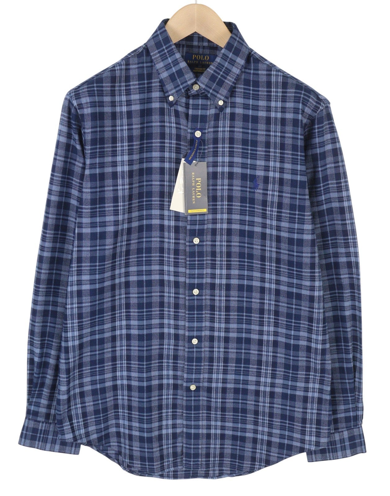 RALPH LAUREN Men Shirt M Blue Custom Fit Performance Plaid Button Flannel RRP169