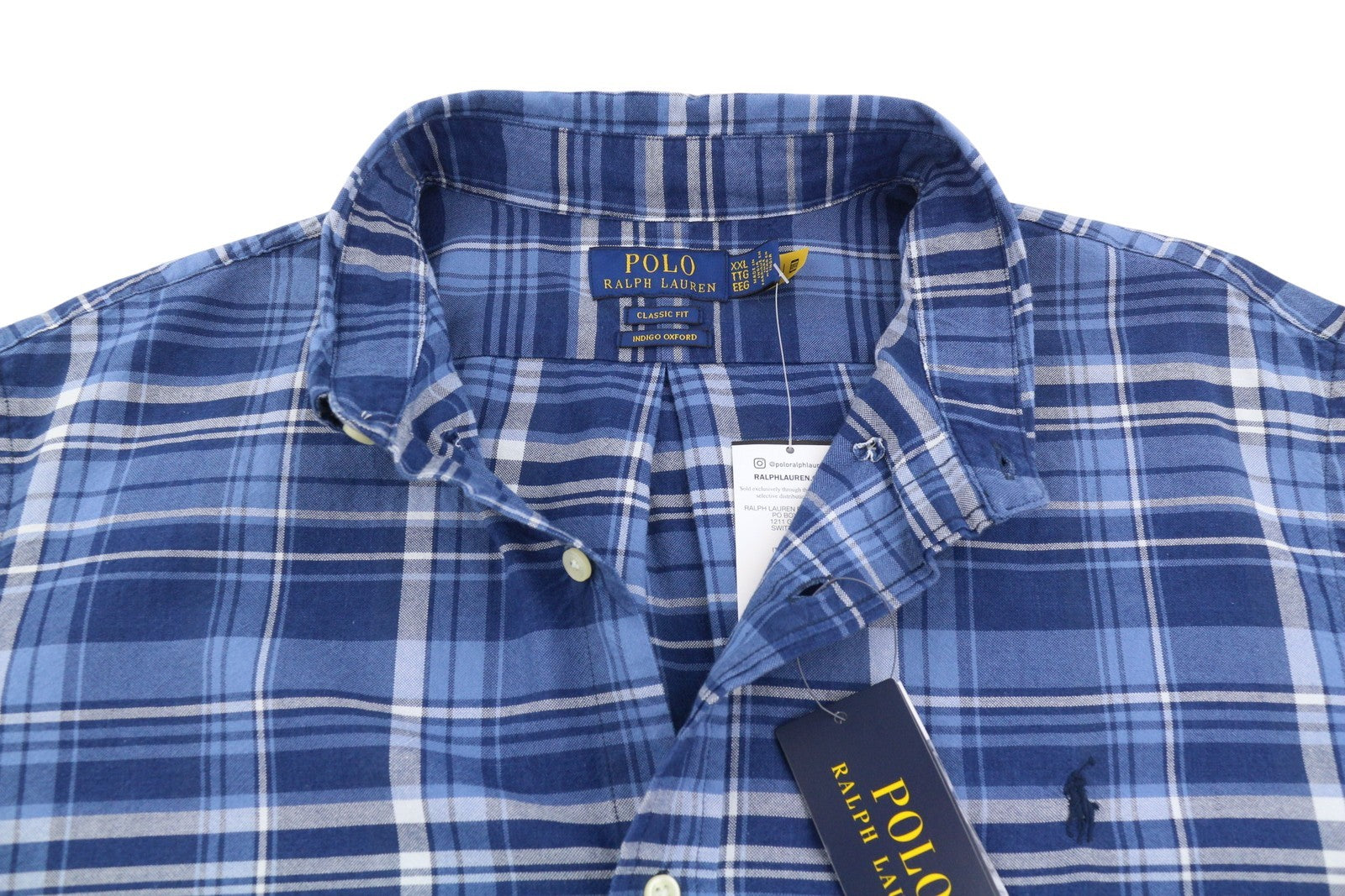 RALPH LAUREN Men Shirt 2XL Blue Classic Fit Indigo Oxford Plaid Button-Down Neck