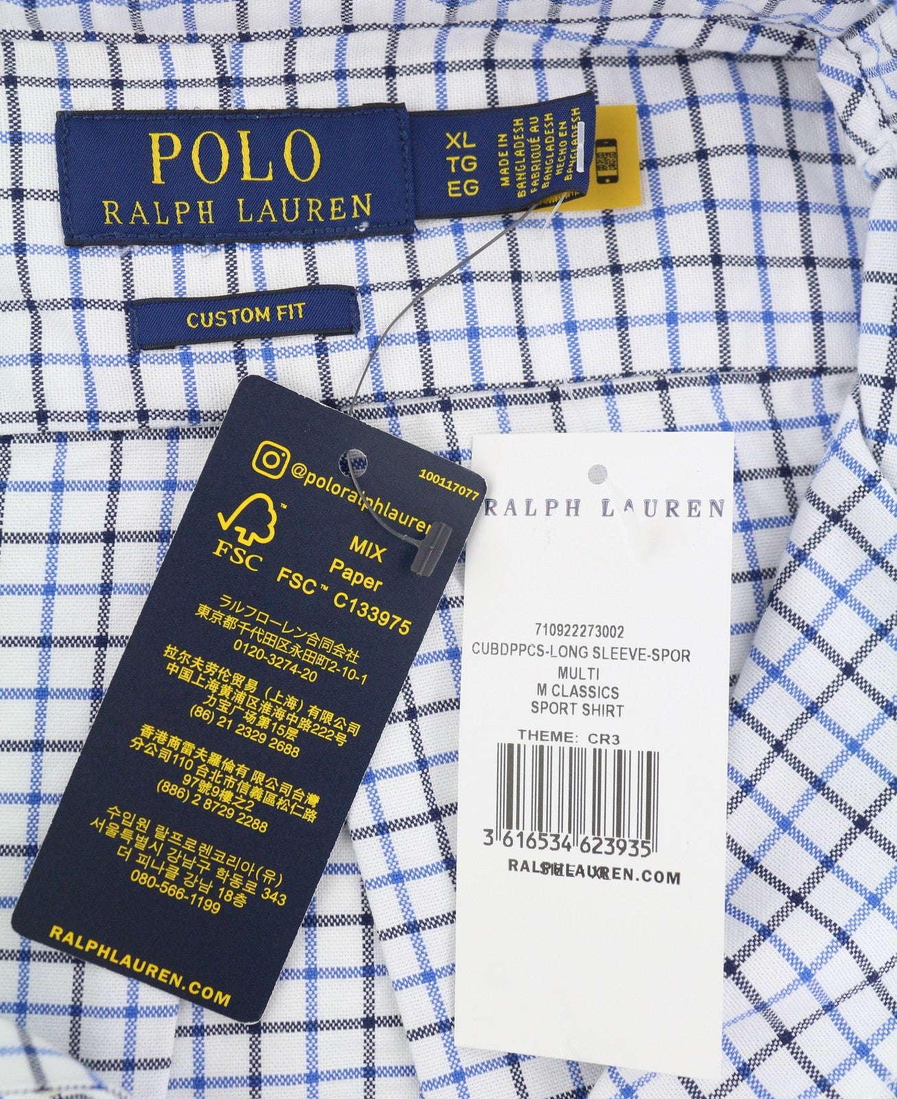 RALPH LAUREN Men Shirt XL White Check Custom Fit Button-Down Neck Logo RRP169