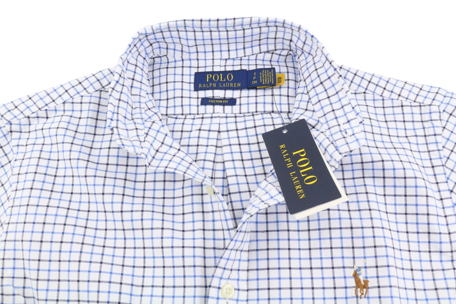 RALPH LAUREN Men Shirt S White Check Custom Fit Button-Down Neck Logo RRP169