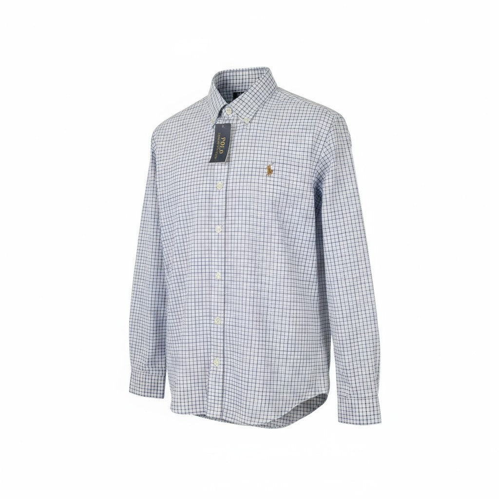 RALPH LAUREN Men Shirt L White Check Custom Fit Button-Down Neck Logo RRP169