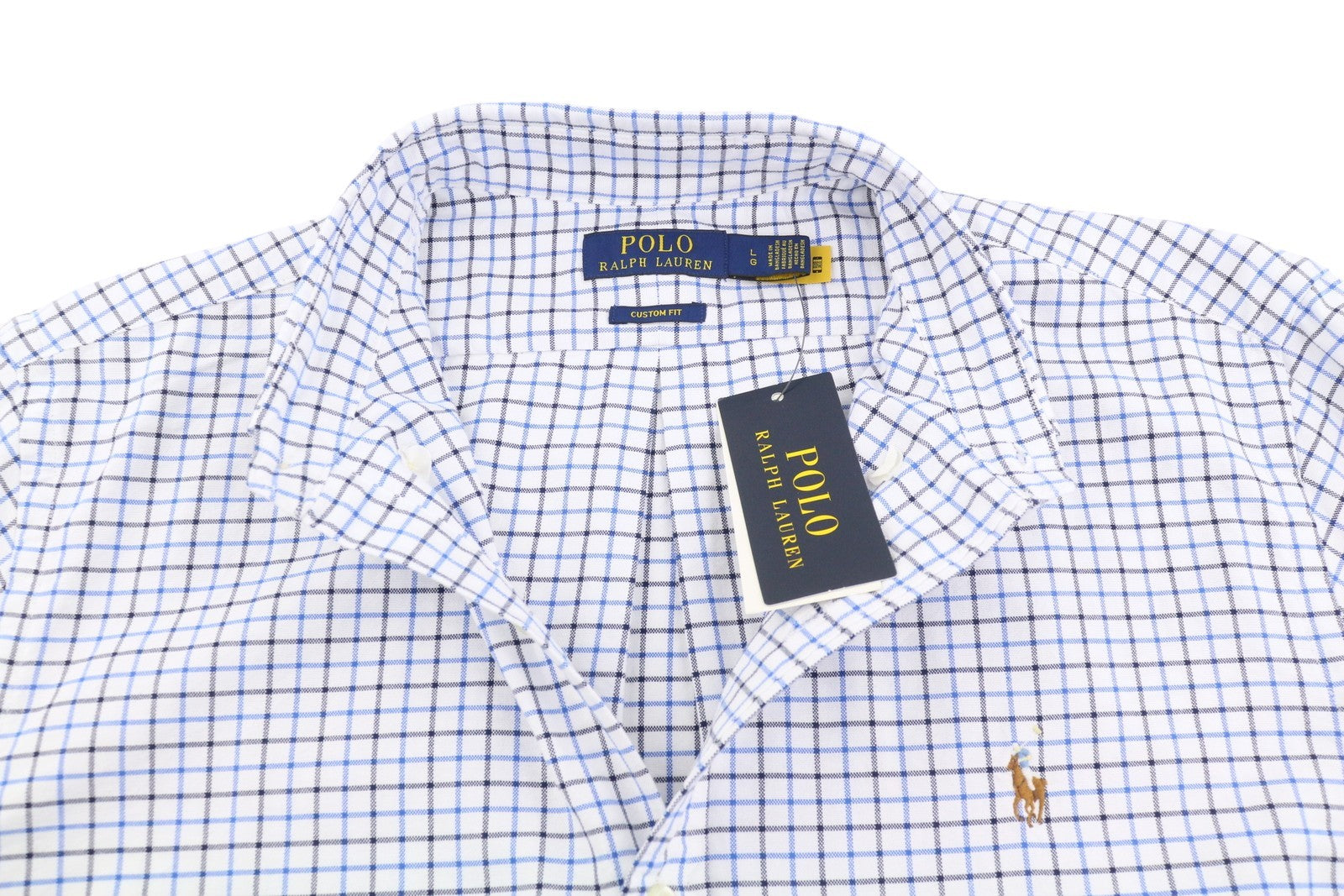 RALPH LAUREN Men Shirt L White Check Custom Fit Button-Down Neck Logo RRP169
