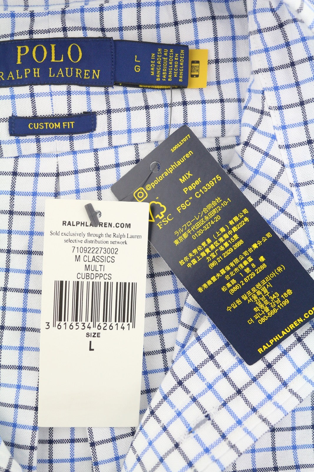 RALPH LAUREN Men Shirt L White Check Custom Fit Button-Down Neck Logo RRP169