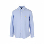 RALPH LAUREN Men Shirt S Blue Linen Custom Fit Button-Down Neck Logo RRP169