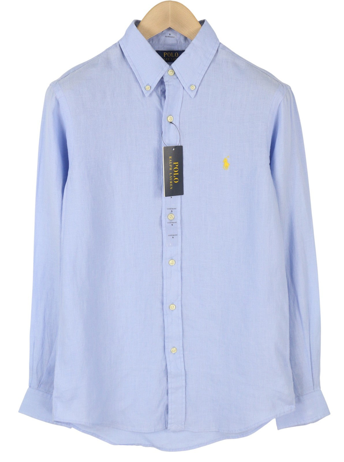 RALPH LAUREN Men Shirt S Blue Linen Custom Fit Button-Down Neck Logo RRP169
