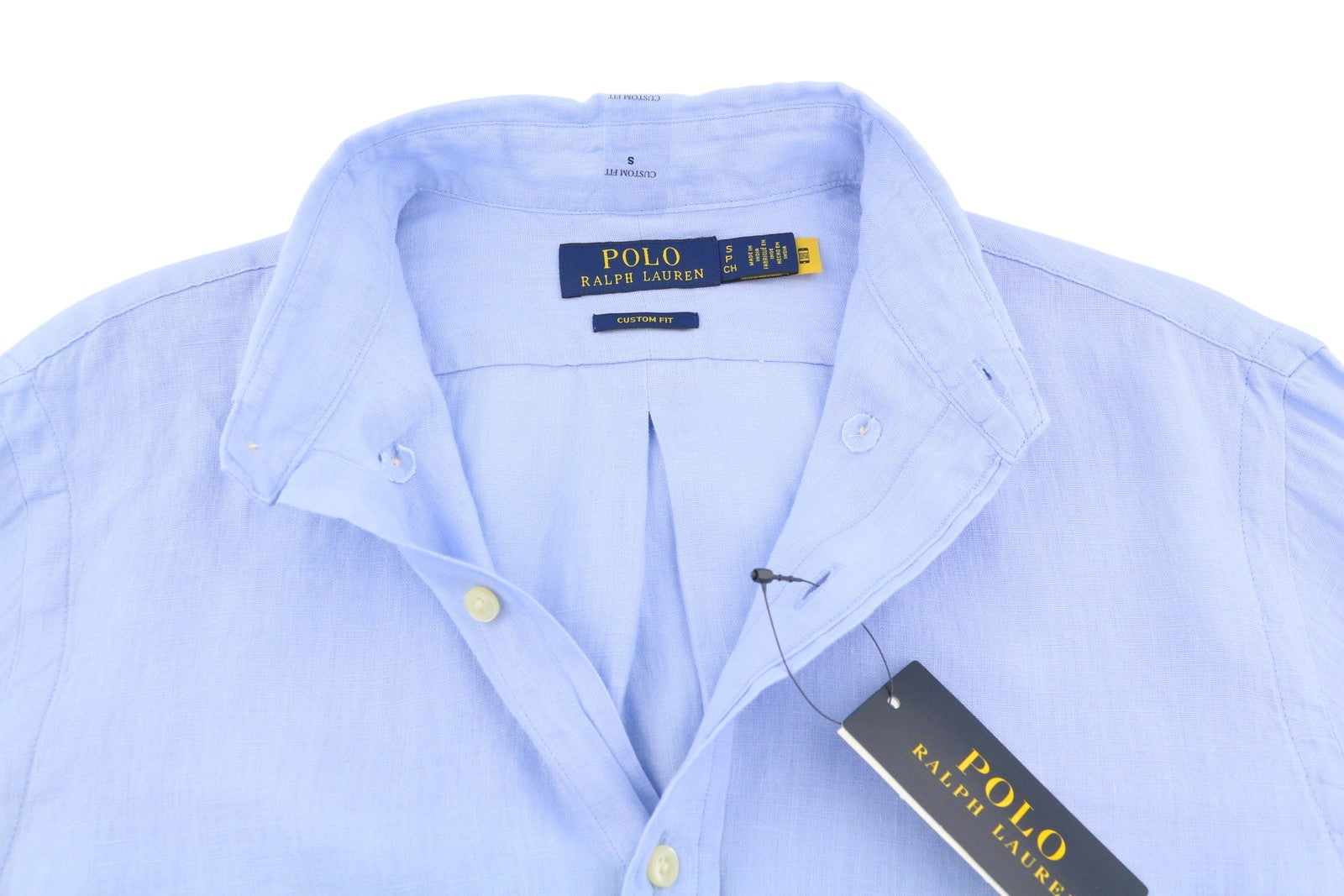 RALPH LAUREN Men Shirt S Blue Linen Custom Fit Button-Down Neck Logo RRP169