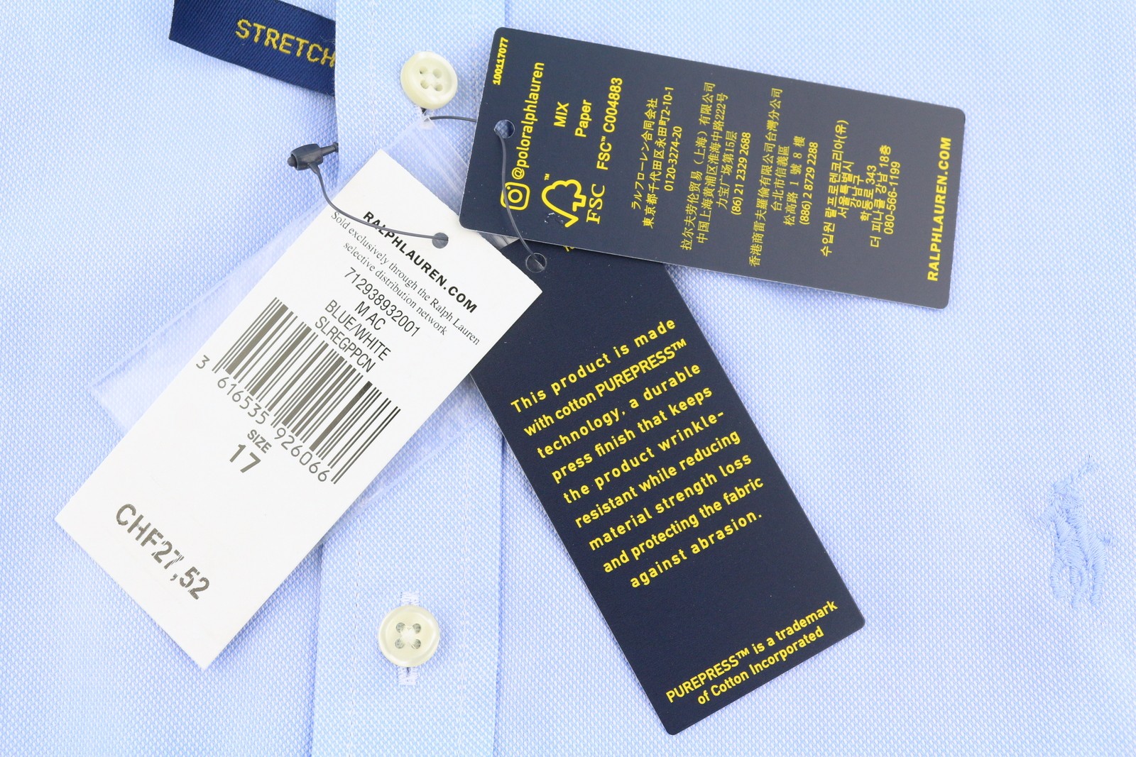 RALPH LAUREN Men Formal Shirt 17 Blue Cutaway Neck Button-Up Slim Fit RRP149