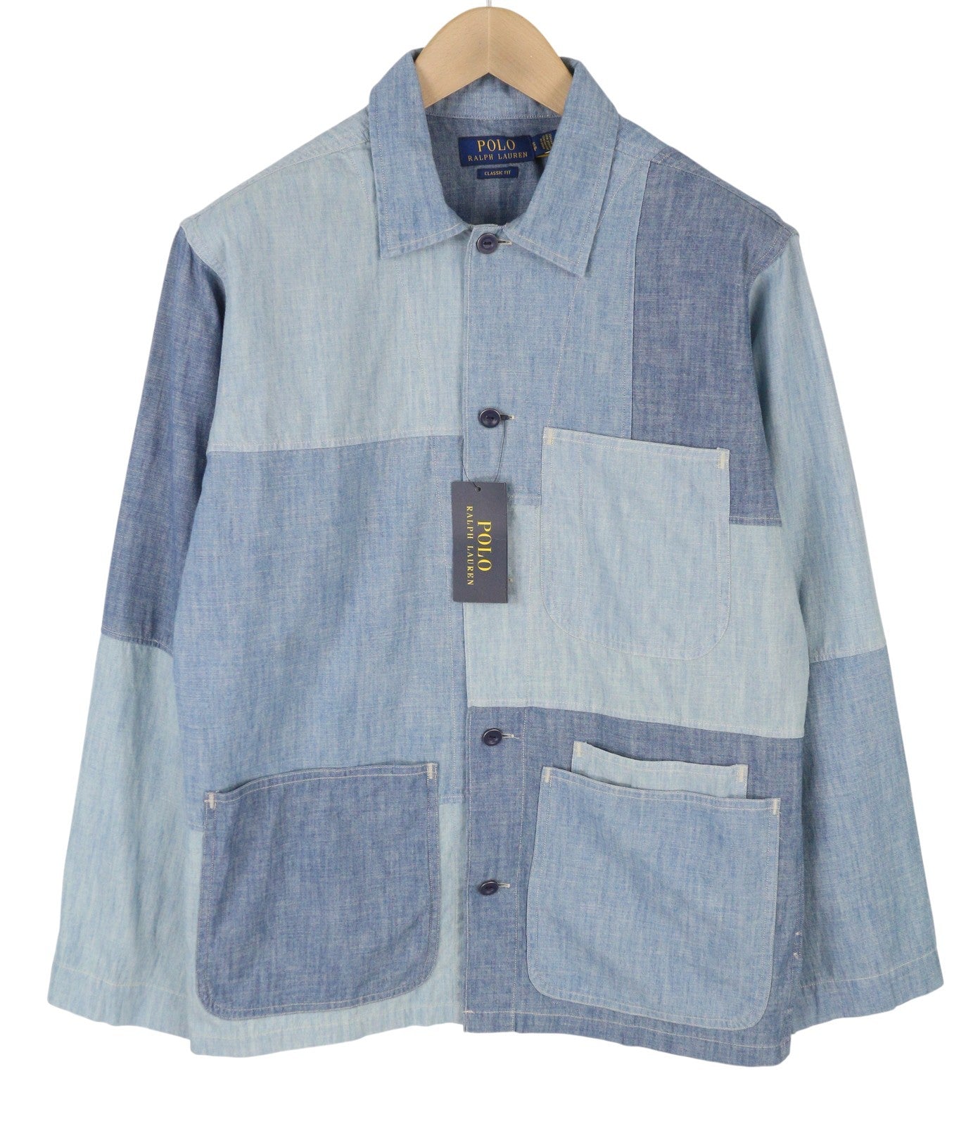 RALPH LAUREN Men Shirt S Blue Faded Patchwork Button-Up Spread Classic RRP199