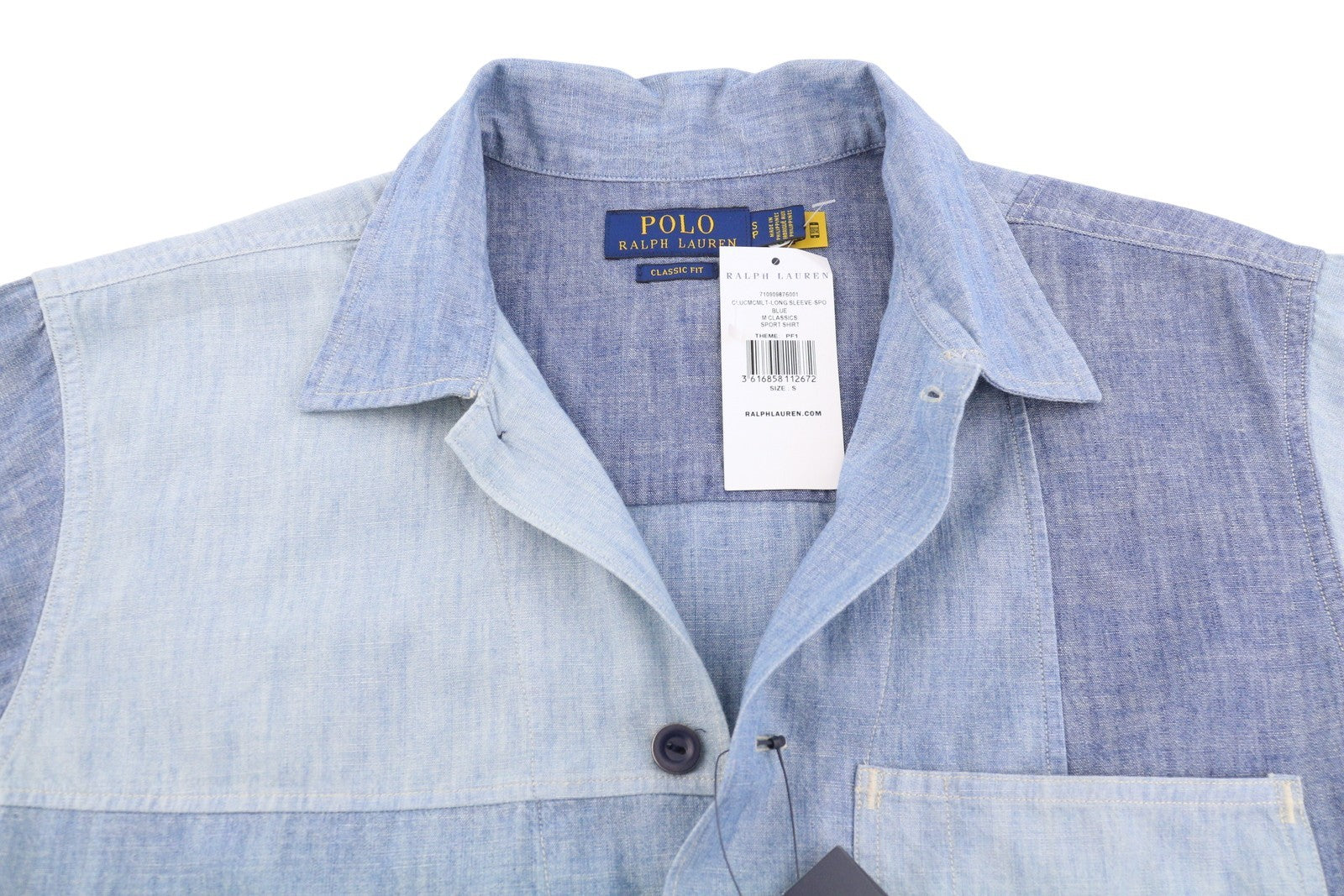 RALPH LAUREN Men Shirt S Blue Faded Patchwork Button-Up Spread Classic RRP199