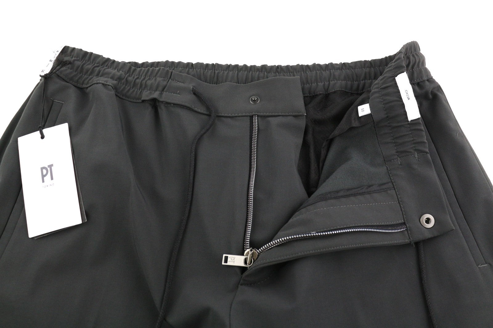 PT TORINO Omega Men Trousers 50 Dark Grey Elastic Drawstring Waist Tapered Zip