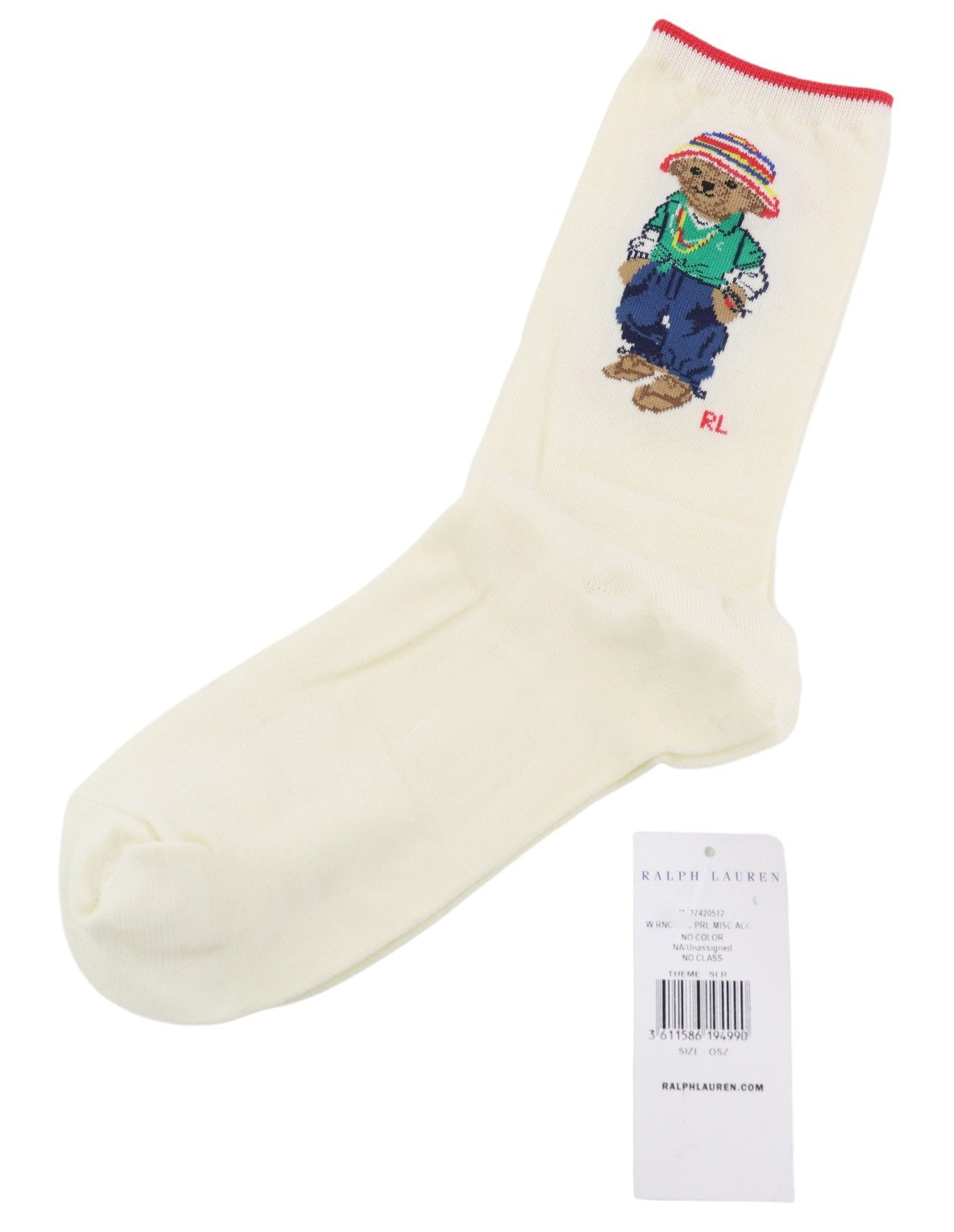 RALPH LAUREN Women Socks OS Cream Bear Print Logo Tight-Knit Stretch Unisex