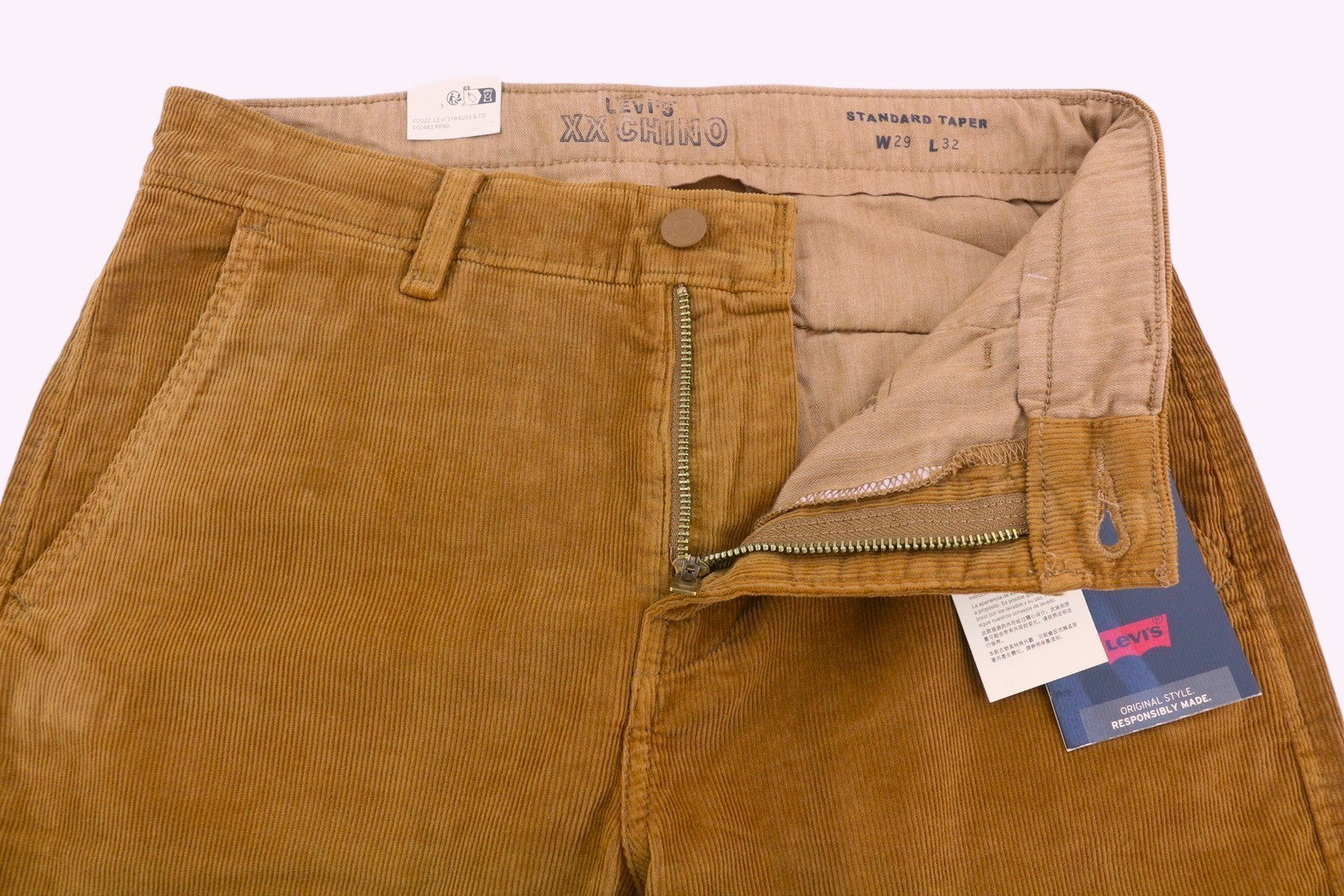 LEVI'S XX Chino Men Trousers W29/L32 Brown Corduroy Standard Taper Fit Big E