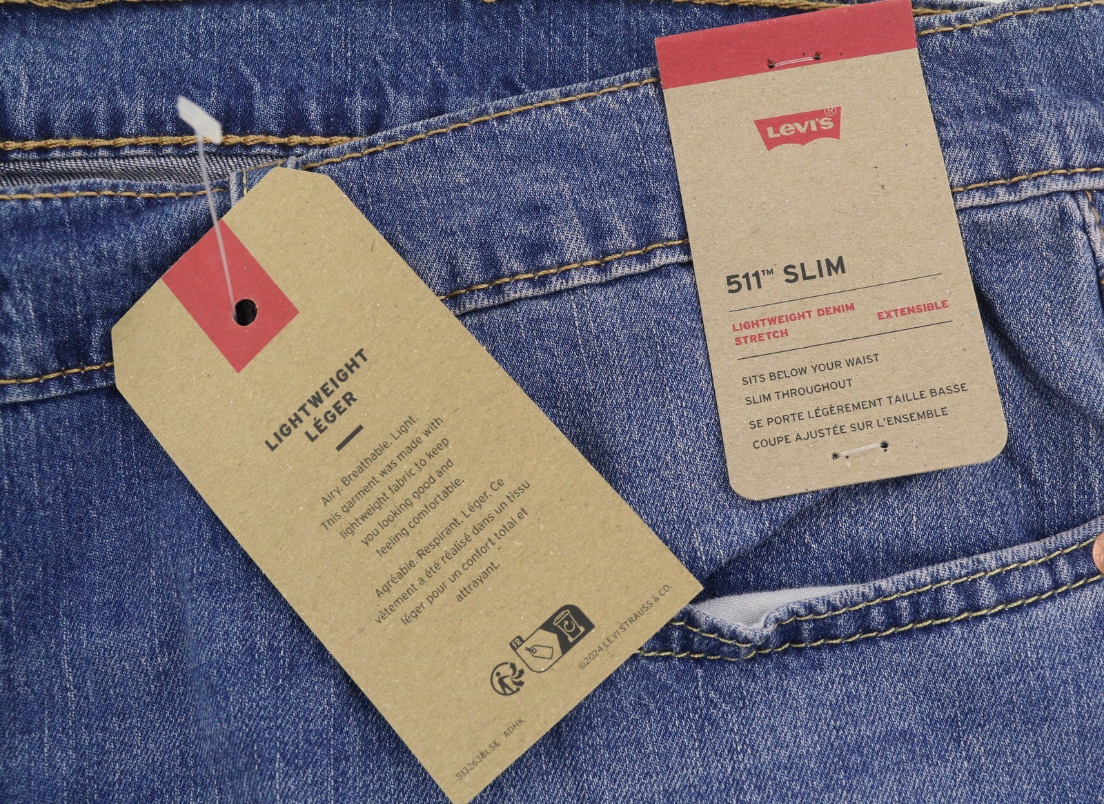 LEVI'S 511 vyriški džinsai W38/L34 mėlyni, išblukę, lengvi, tamprūs, prailginami. 