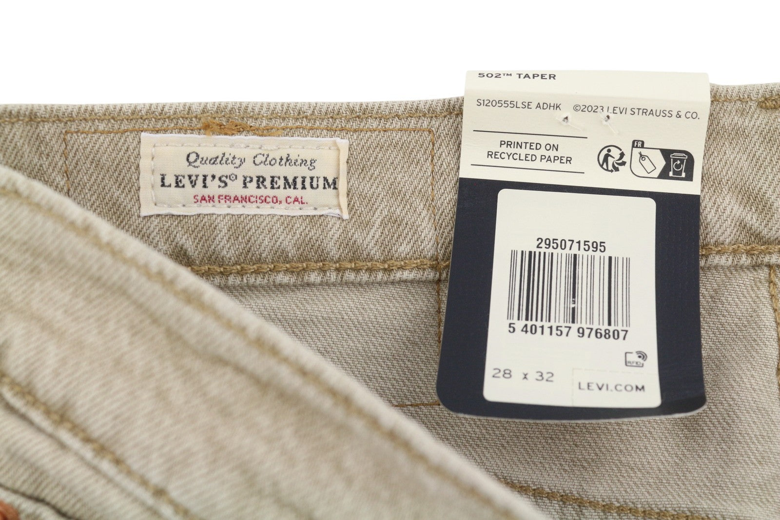 LEVI'S 502 vyriški džinsai W28/L32 Premium Big E Tapered Fit Zip Fly Beige Denim 