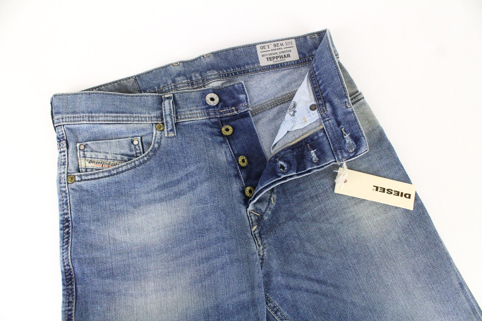 DIESEL Tepphar 0842H vyriški džinsai W26/L30 Slim Carrot Fit tamprūs mėlyni su sagomis 