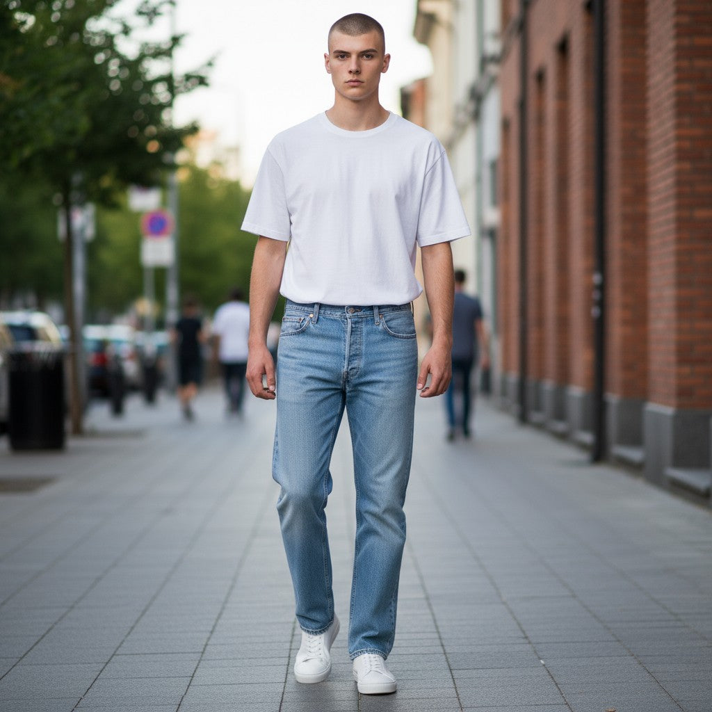 LEVI'S 501 vyriški džinsai W40/L32 Premium Big E Straight Fit su sagomis, išblukusiomis mėlynomis spalvomis 