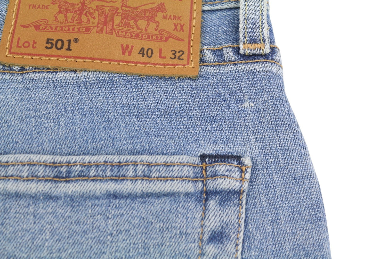 LEVI'S 501 vyriški džinsai W40/L32 Premium Big E Straight Fit su sagomis, išblukusiomis mėlynomis spalvomis 