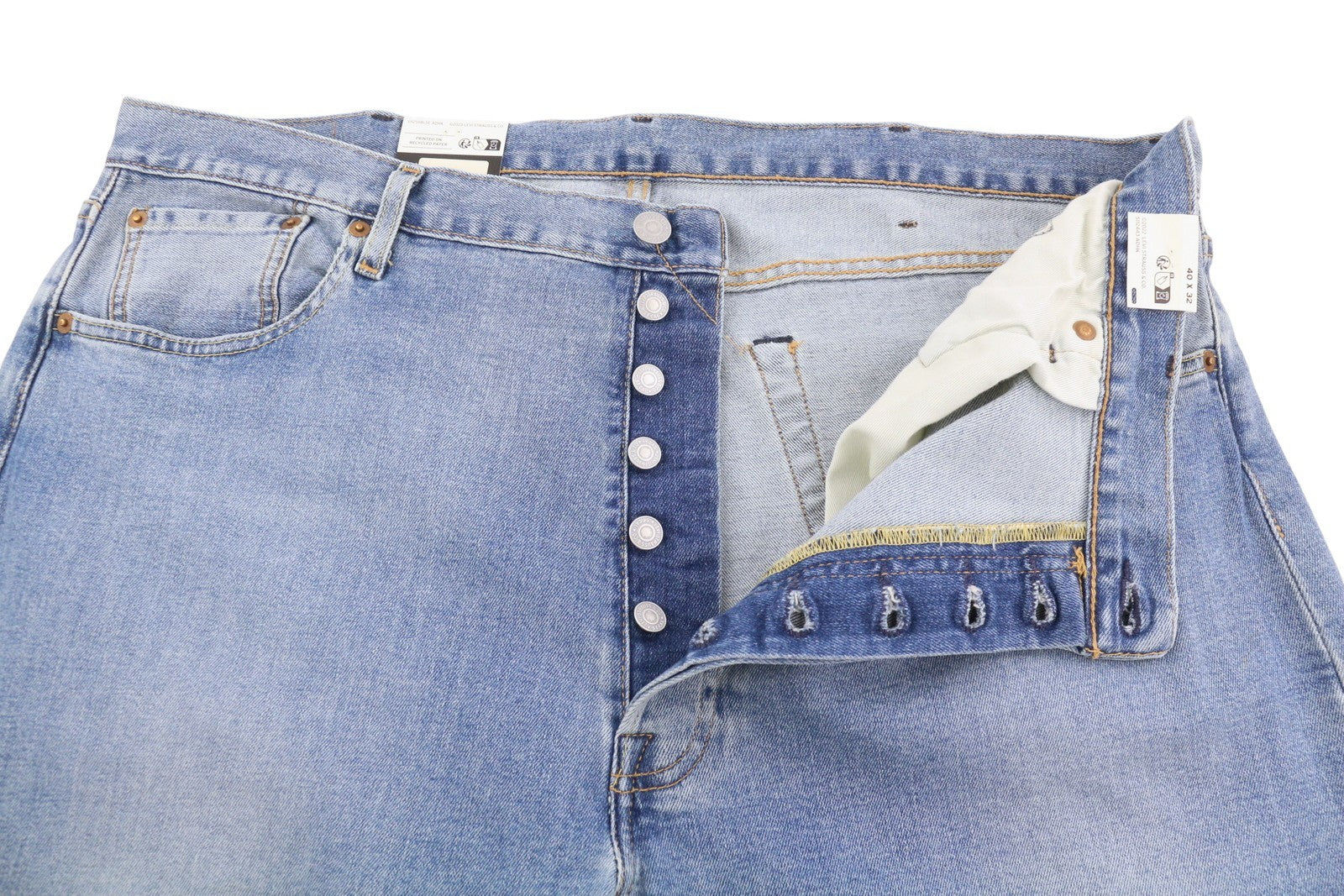 LEVI'S 501 vyriški džinsai W40/L32 Premium Big E Straight Fit su sagomis, išblukusiomis mėlynomis spalvomis 