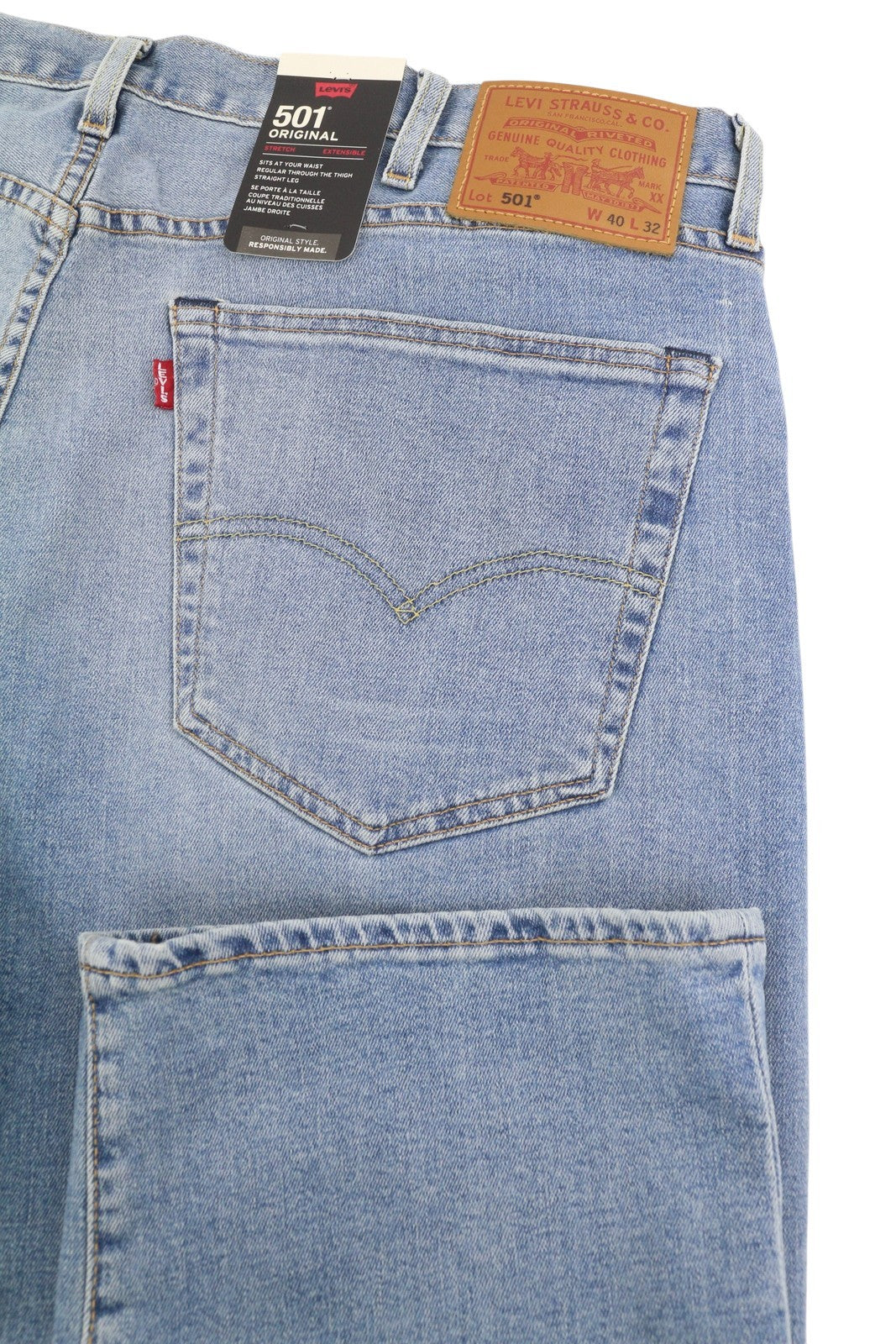 LEVI'S 501 vyriški džinsai W40/L32 Premium Big E Straight Fit su sagomis, išblukusiomis mėlynomis spalvomis 