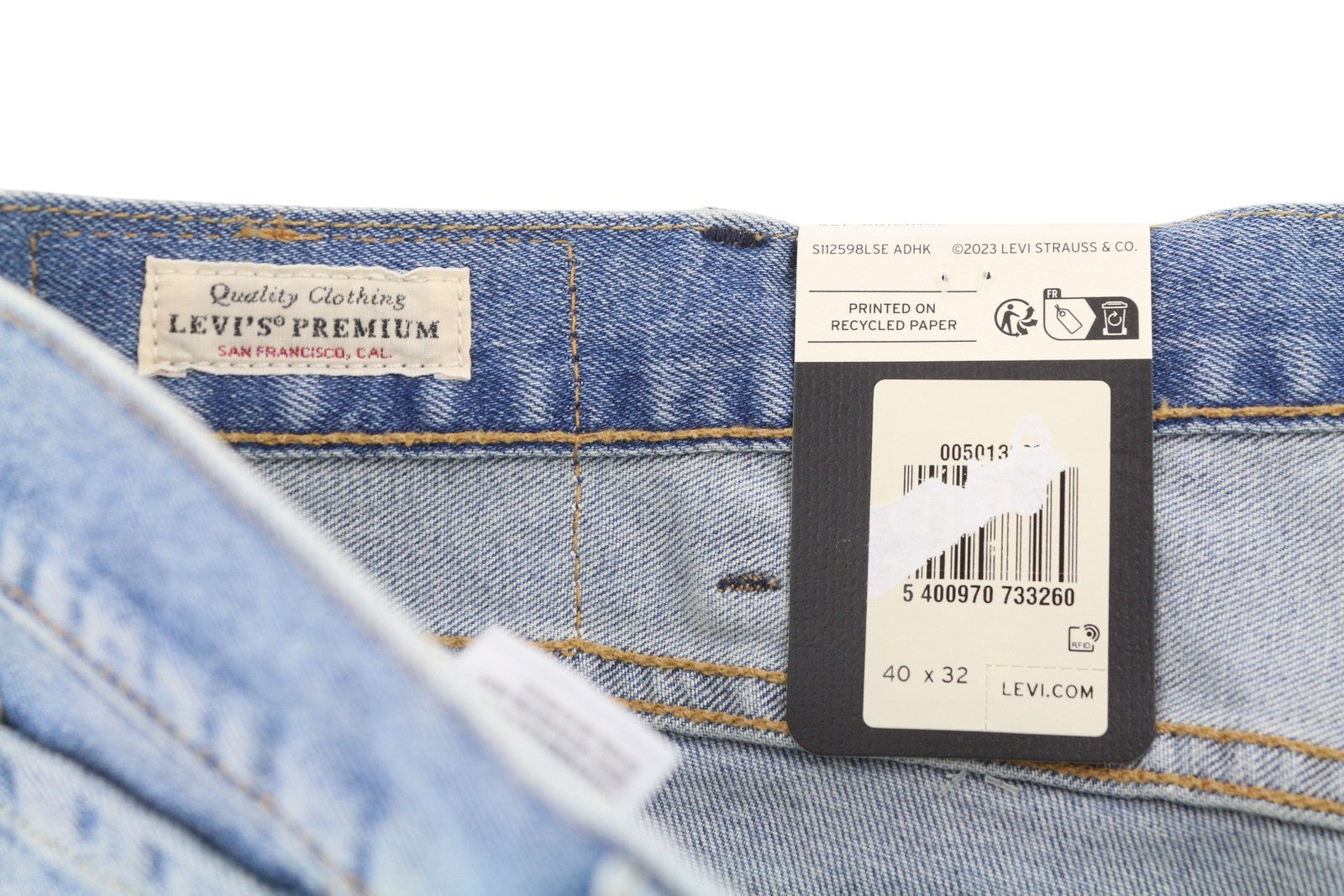 LEVI'S 501 vyriški džinsai W40/L32 Premium Big E Straight Fit su sagomis, išblukusiomis mėlynomis spalvomis 