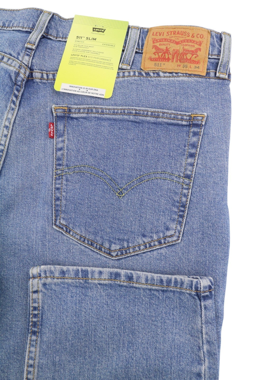 LEVI'S 511 vyriški džinsai W38/L34 Slim Flex Stretch su prailginamu užtrauktuku, išblukusia mėlyna spalva 