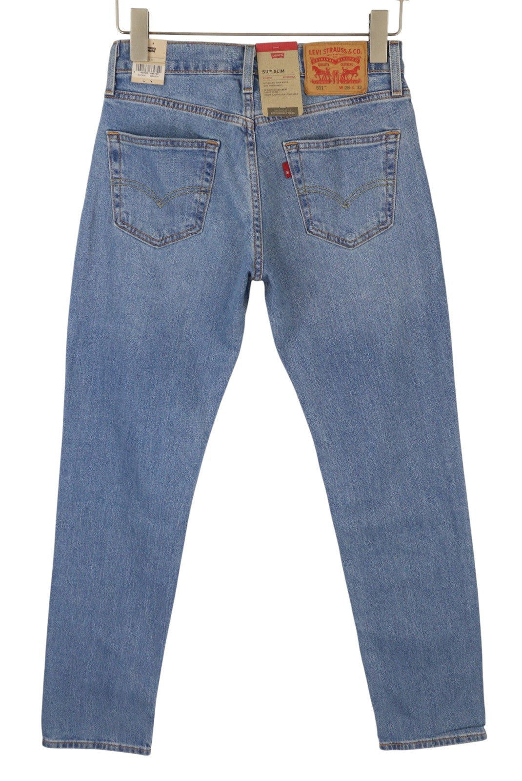 LEVI'S 511 vyriški džinsai W28/L32 Slim Stretch su prailginamu užtrauktuku, išblukintos mėlynos spalvos 