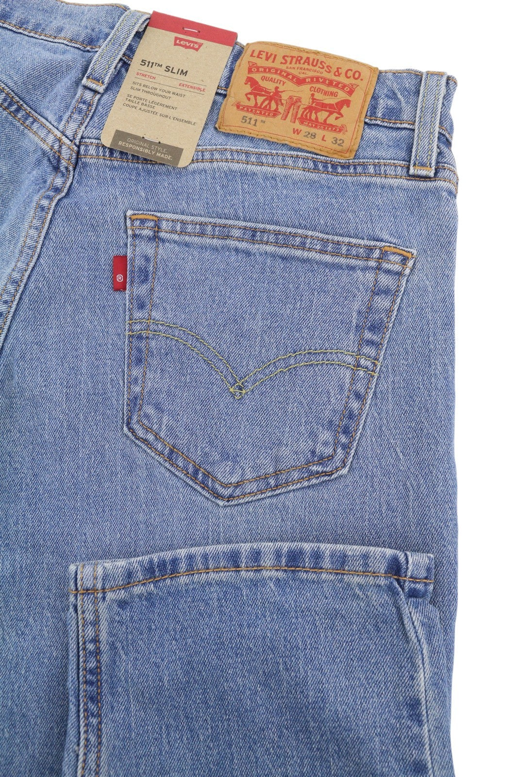 LEVI'S 511 vyriški džinsai W28/L32 Slim Stretch su prailginamu užtrauktuku, išblukintos mėlynos spalvos 