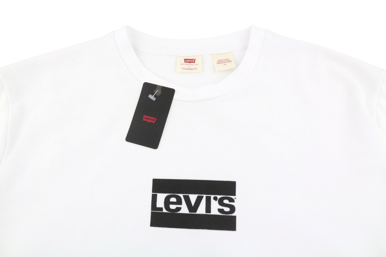 LEVI'S Standard Fit Men Sweatshirt L White Crew Neck Front Logo Cotton Pullover