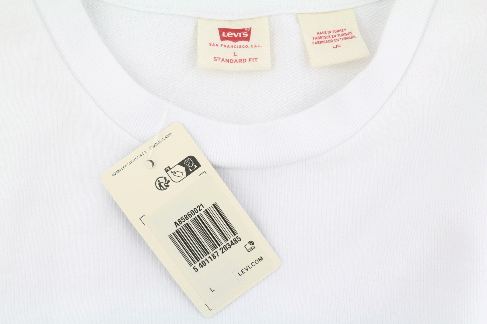 LEVI'S Standard Fit Men Sweatshirt L White Crew Neck Front Logo Cotton Pullover