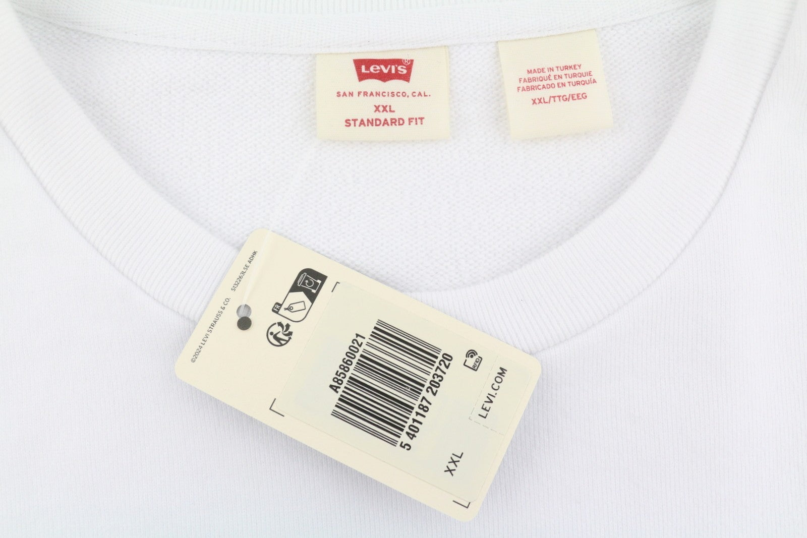 LEVI'S Standard Fit Men Sweatshirt 2XL White Crew Front Logo Cotton Pullover