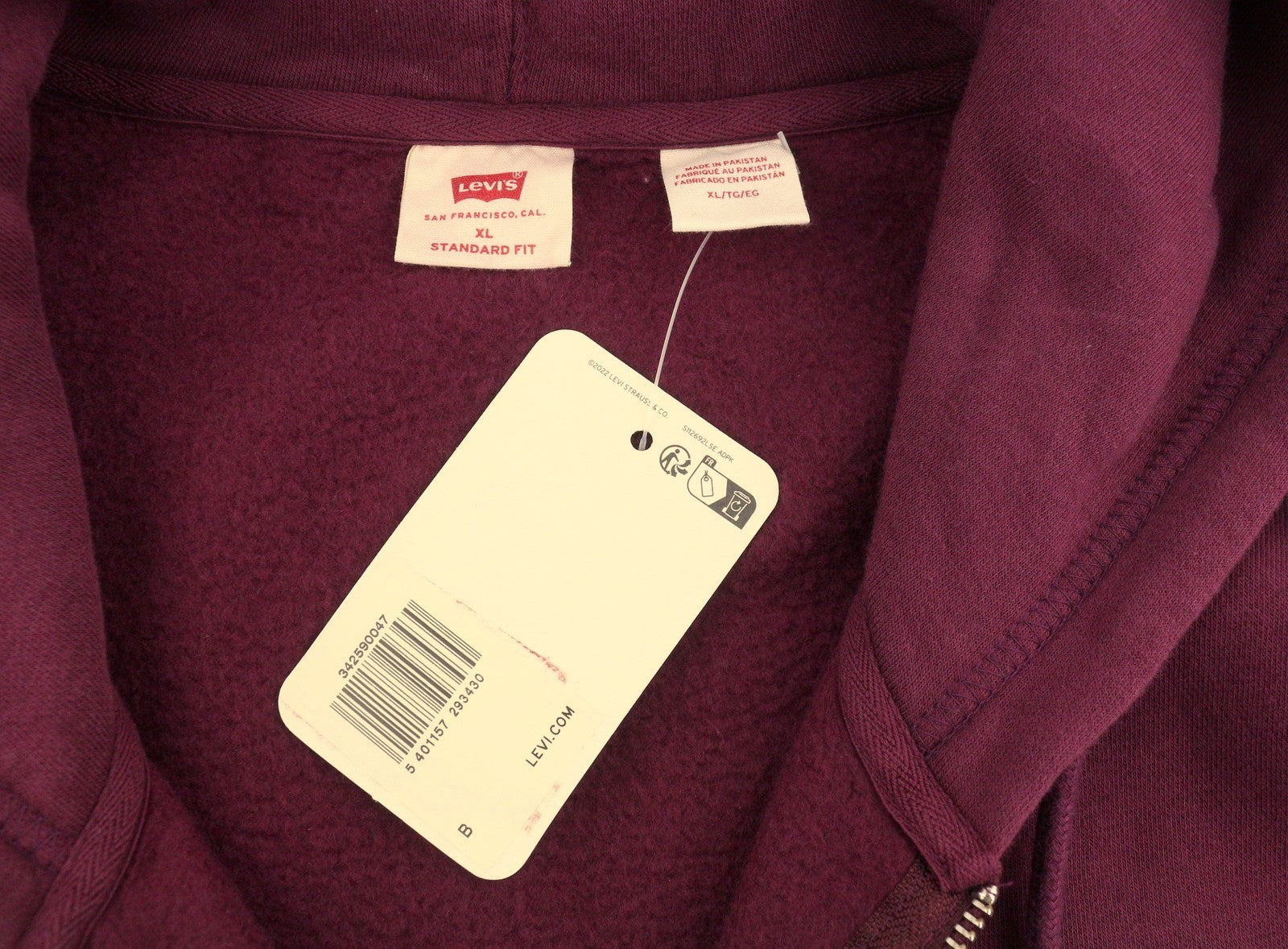 LEVI'S Standard Fit Men Hoodie XL Burgundy Full Zip Patch Logo Straps Hooded