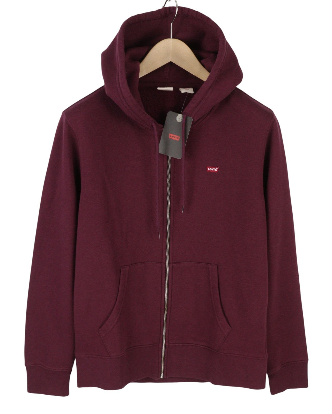 LEVI'S Standard Fit Men Hoodie S Burgundy Full Zip Pockets Patch Logo Hooded