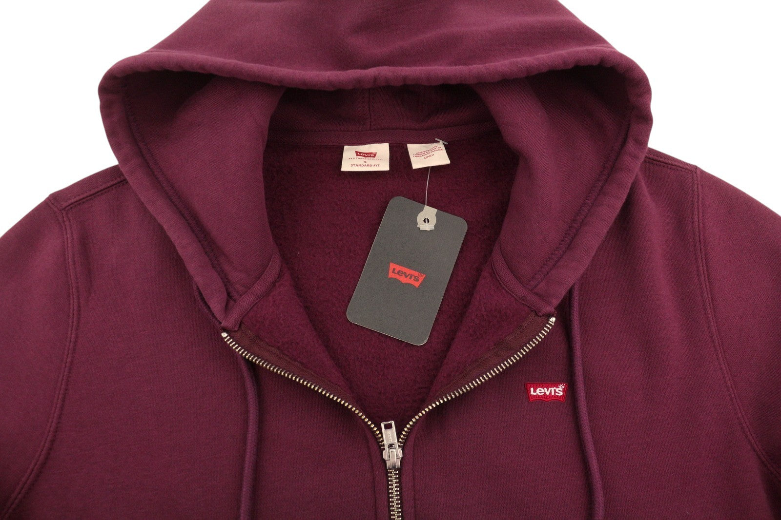 LEVI'S Standard Fit Men Hoodie S Burgundy Full Zip Pockets Patch Logo Hooded
