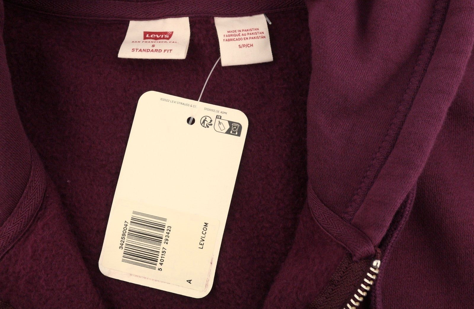 LEVI'S Standard Fit Men Hoodie S Burgundy Full Zip Pockets Patch Logo Hooded