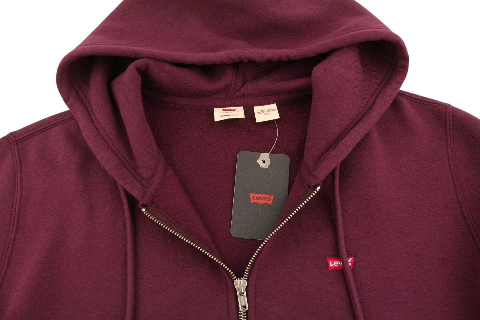 LEVI'S Standard Fit Men Hoodie L Burgundy Full Zip Pockets Patch Logo Hooded
