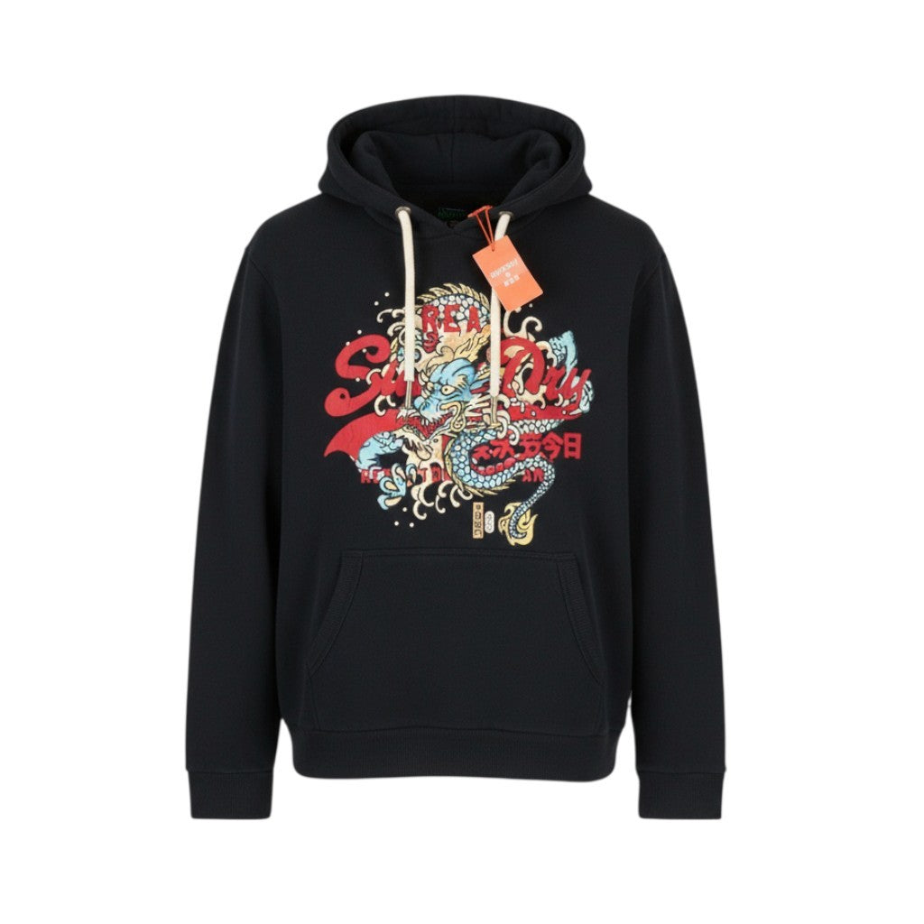 SUPERDRY Tokyo VL Men Hoodie M Black Patterned Logo Kangaroo Pocket Pullover