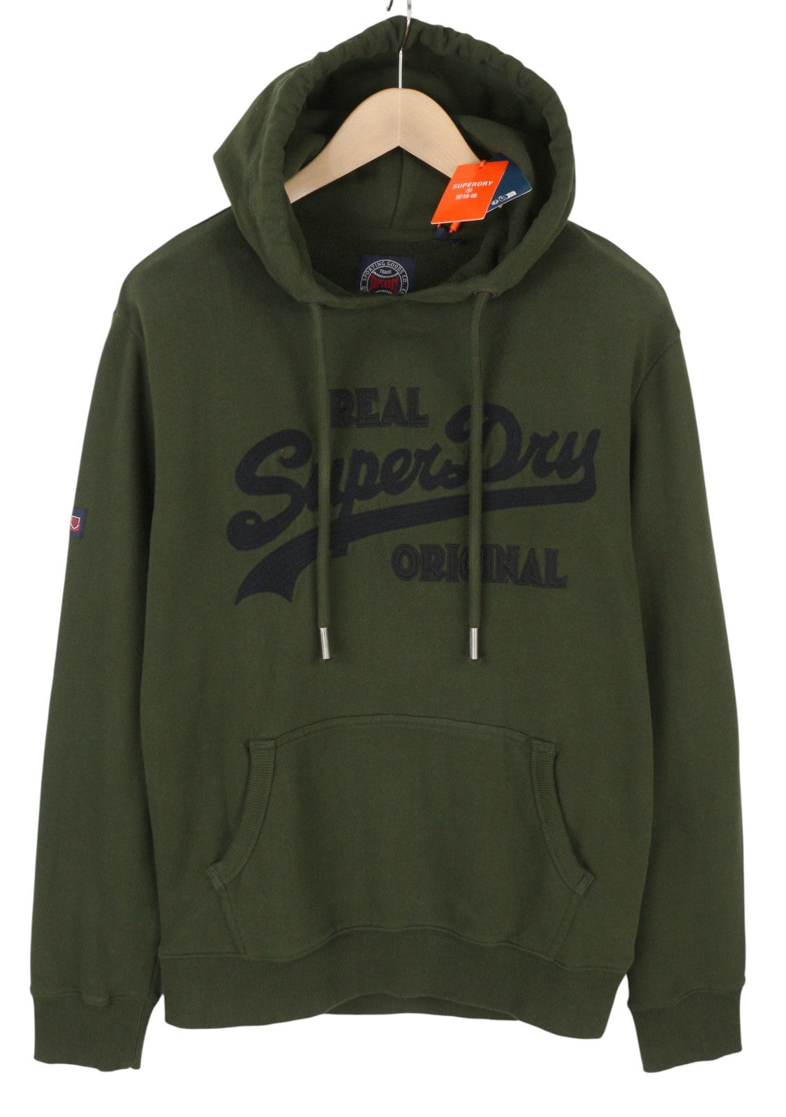 SUPERDRY Embroidered VL Men Hoodie M Green Kangaroo Pocket Cotton Logo Pullover