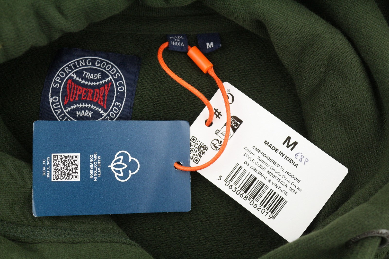 SUPERDRY Embroidered VL Men Hoodie M Green Kangaroo Pocket Cotton Logo Pullover