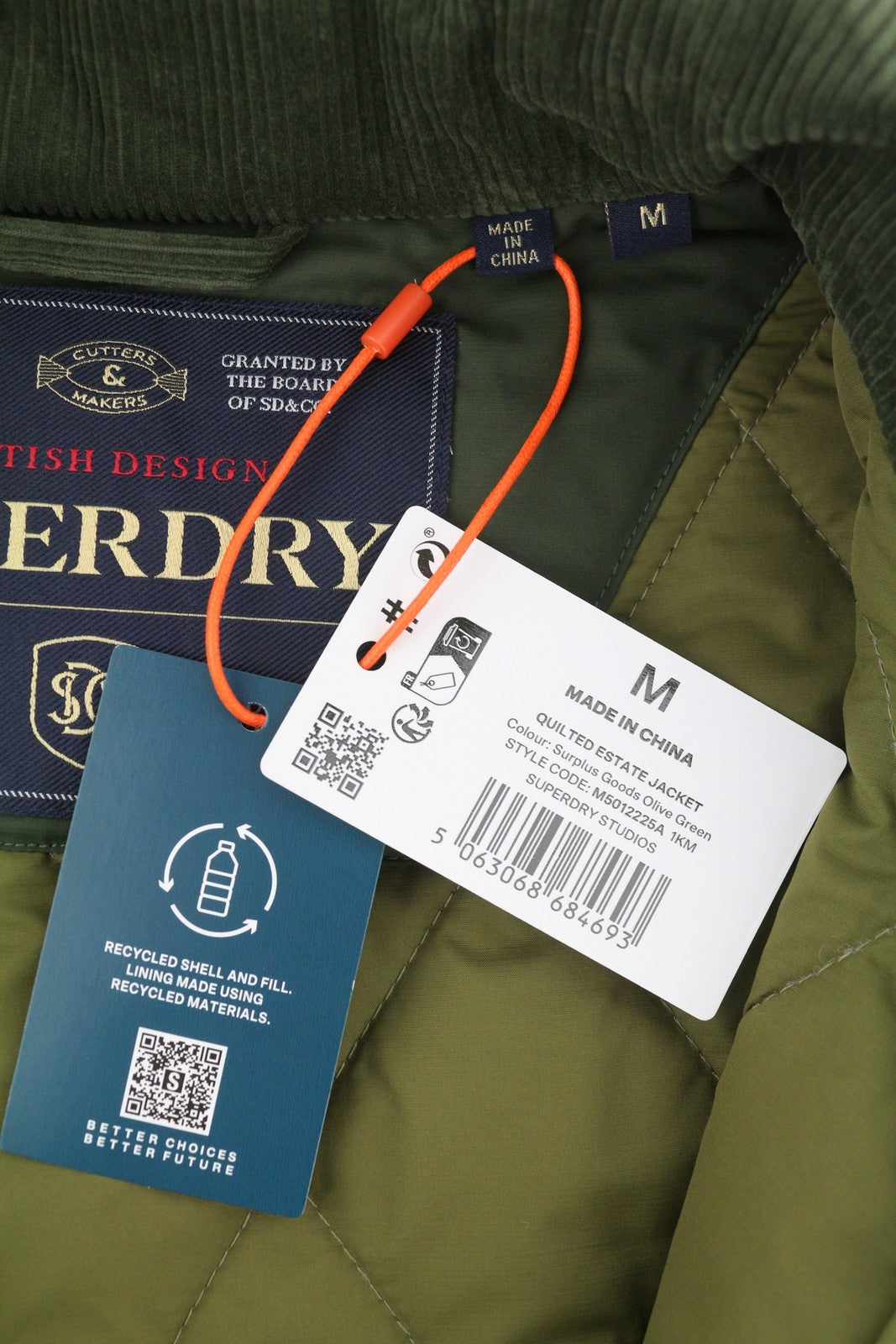 SUPERDRY Quilted Estate Men Jacket M Green Insulated High Neck Logo Lightweight