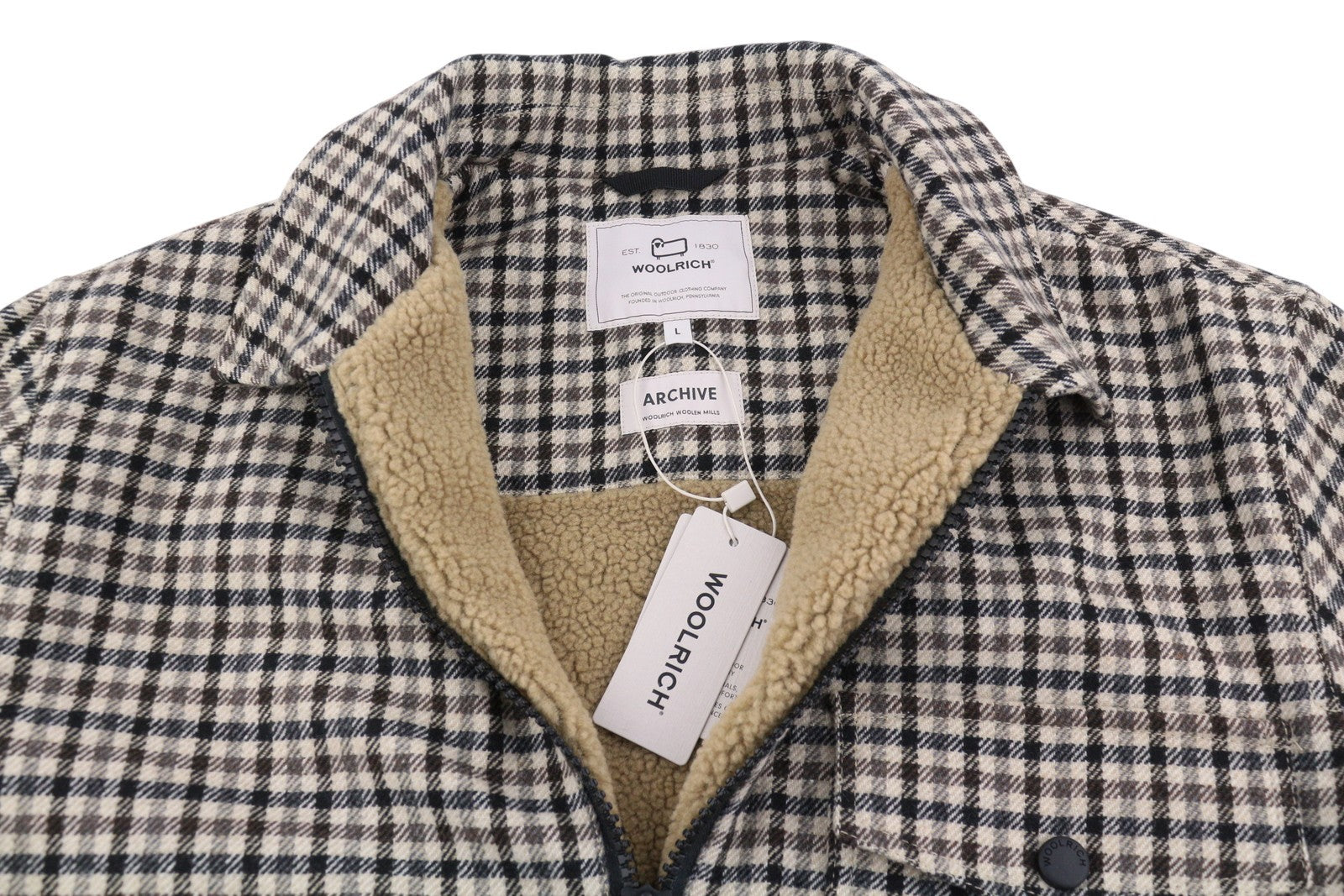 WOOLRICH Sherpa Timber Check Overshirt Men Jacket L Brown Wool Blend RRP515