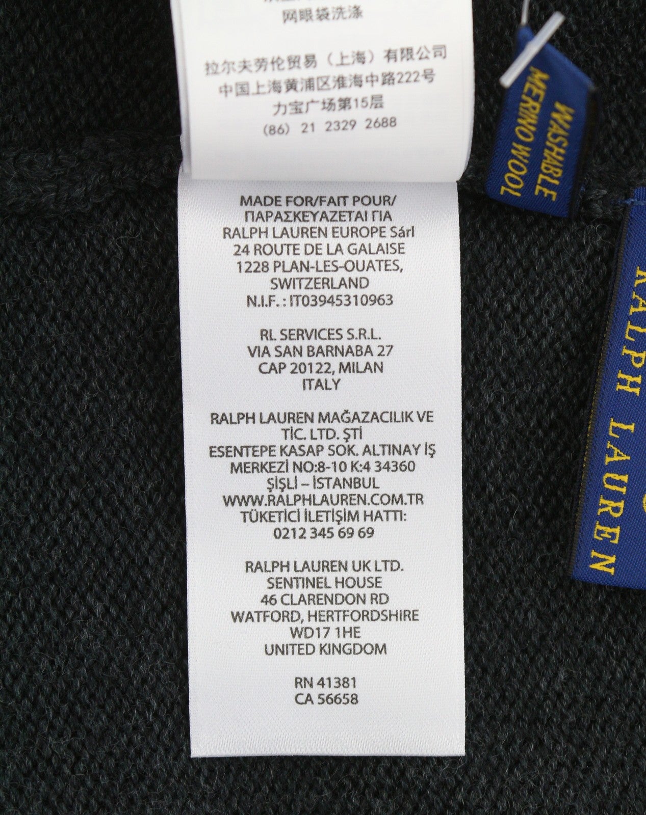 RALPH LAUREN Men Hat 47 CM Dark Grey Melange Washable Merino Wool Knit Beanie