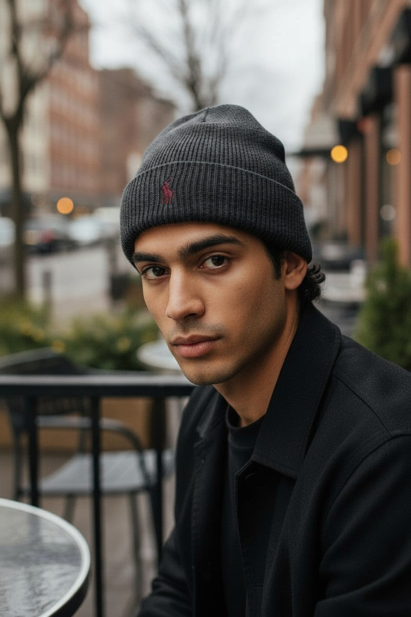 RALPH LAUREN Men Hat 47 CM Dark Grey Melange Washable Merino Wool Knit Beanie