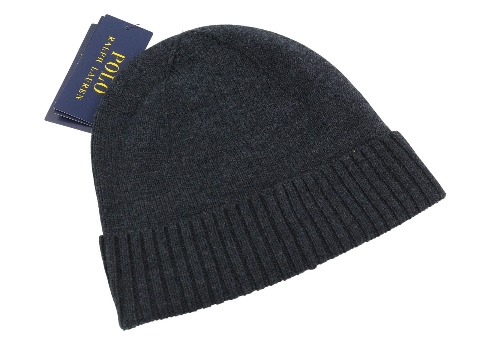 RALPH LAUREN Men Hat 47 CM Dark Grey Melange Washable Merino Wool Knit Beanie