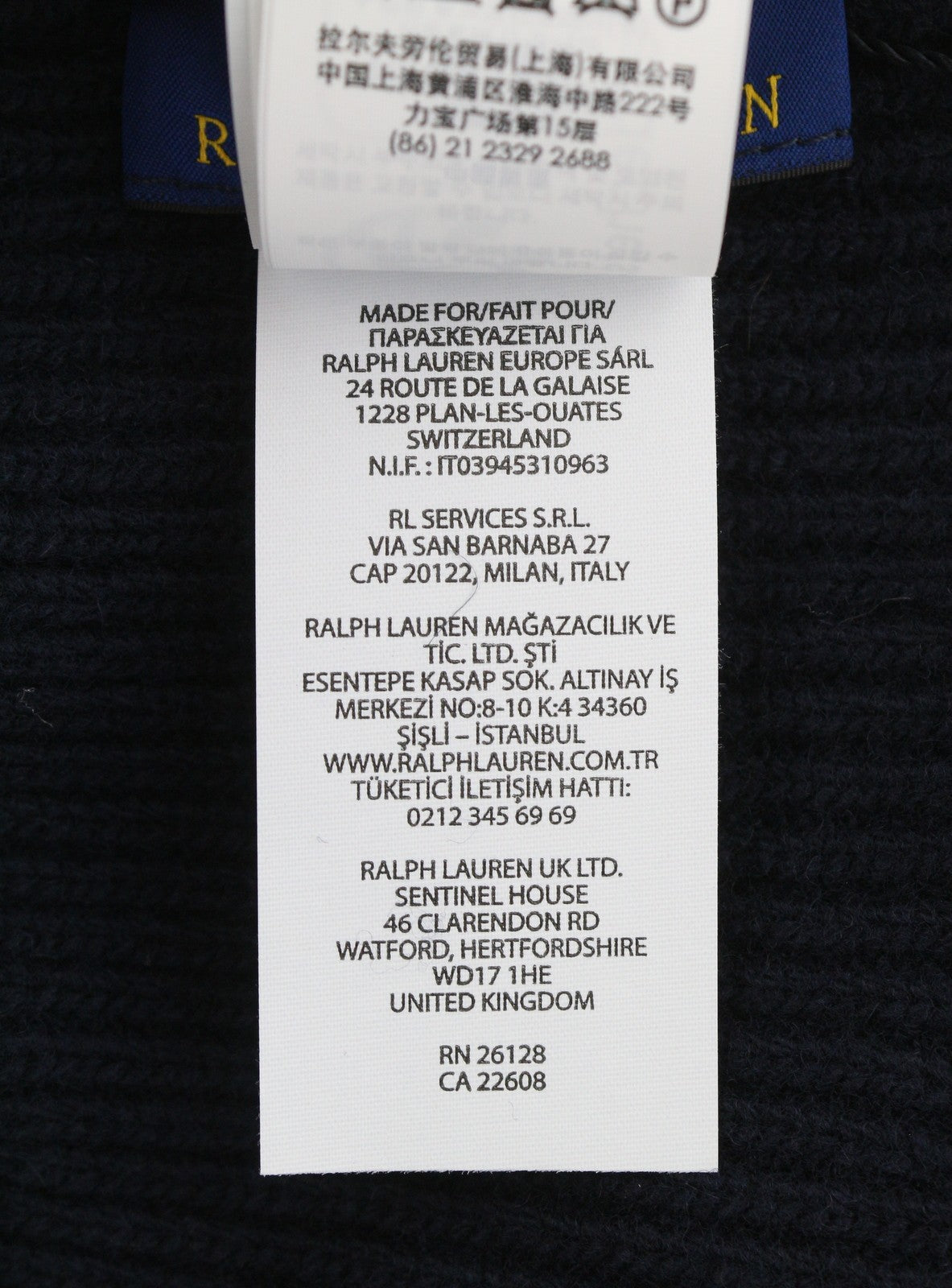 RALPH LAUREN Signature Cuff Men Hat 52 CM Dark Blue Wool Blend Knitted Beanie